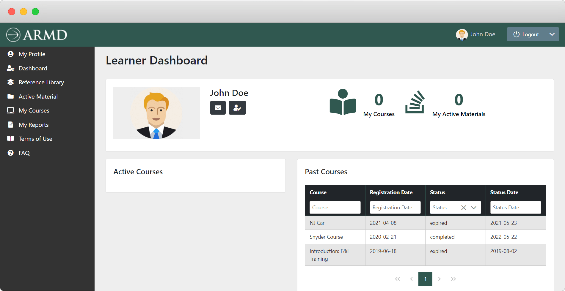 ARMD Learning Platform screen 2