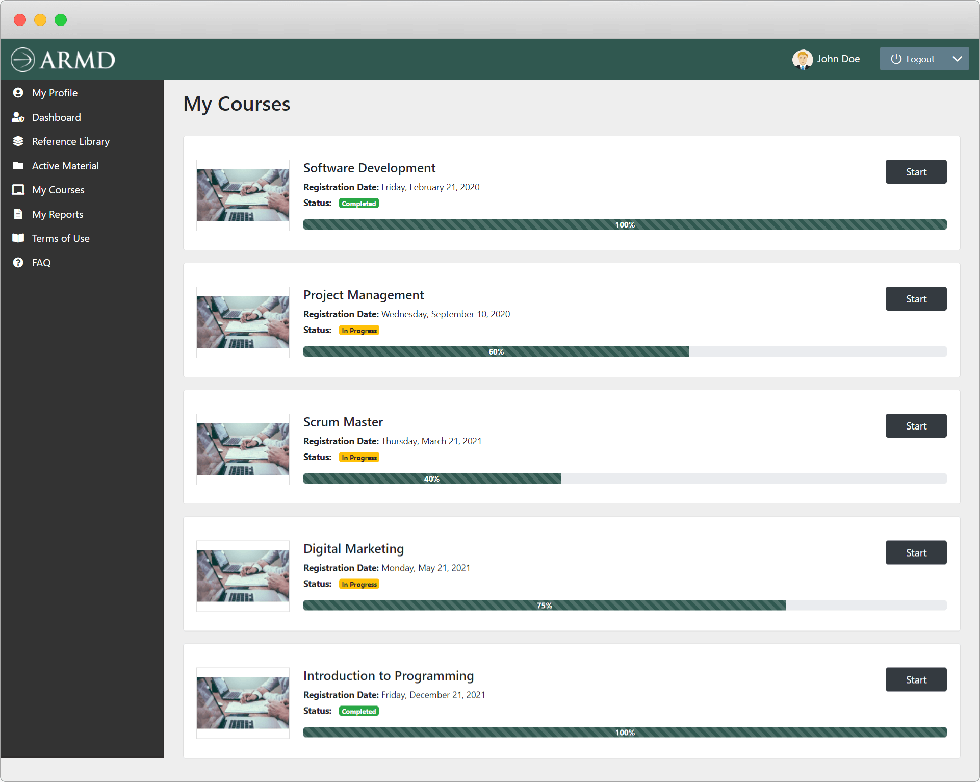 ARMD Learning Platform screen 3