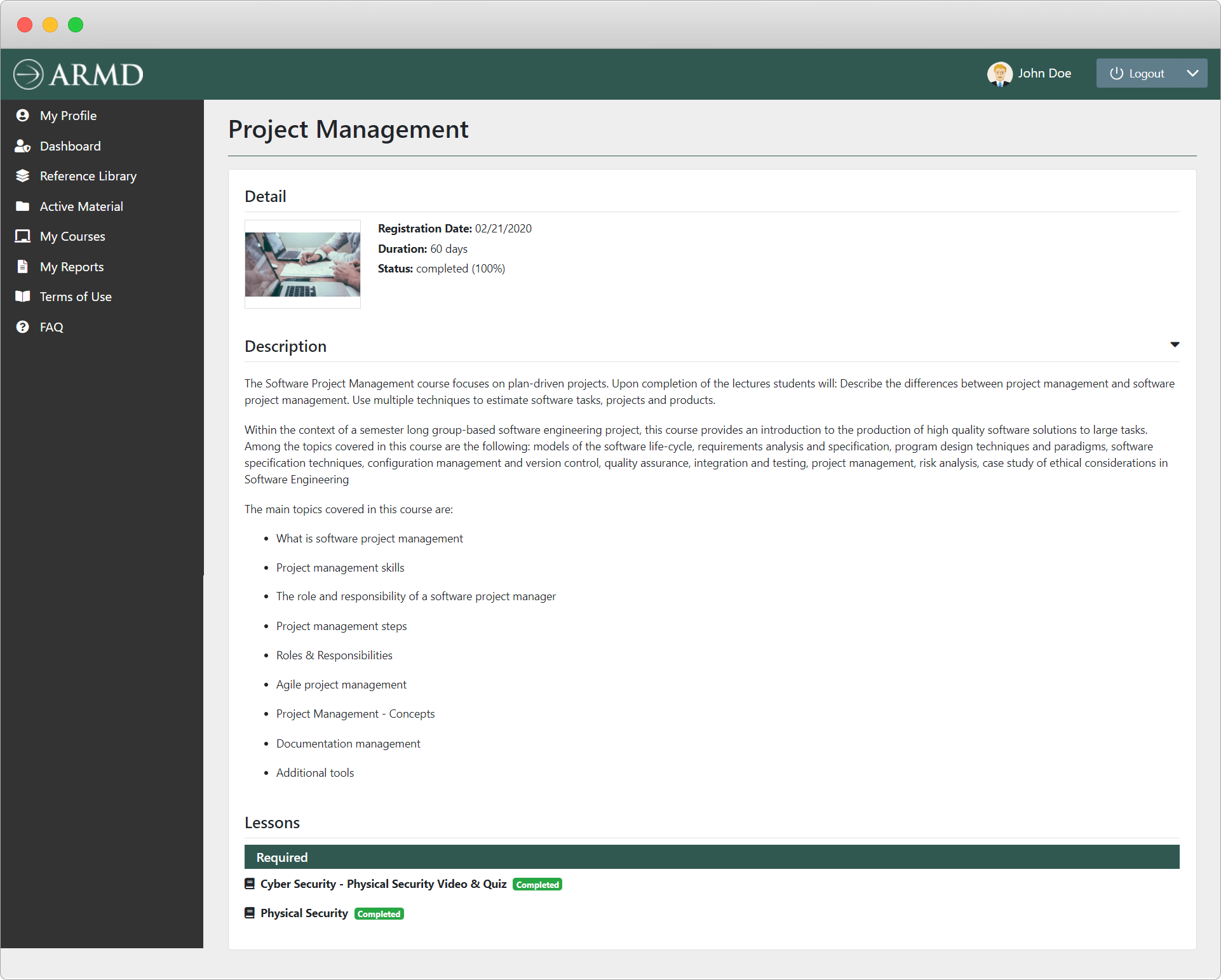 ARMD Learning Platform screen 4