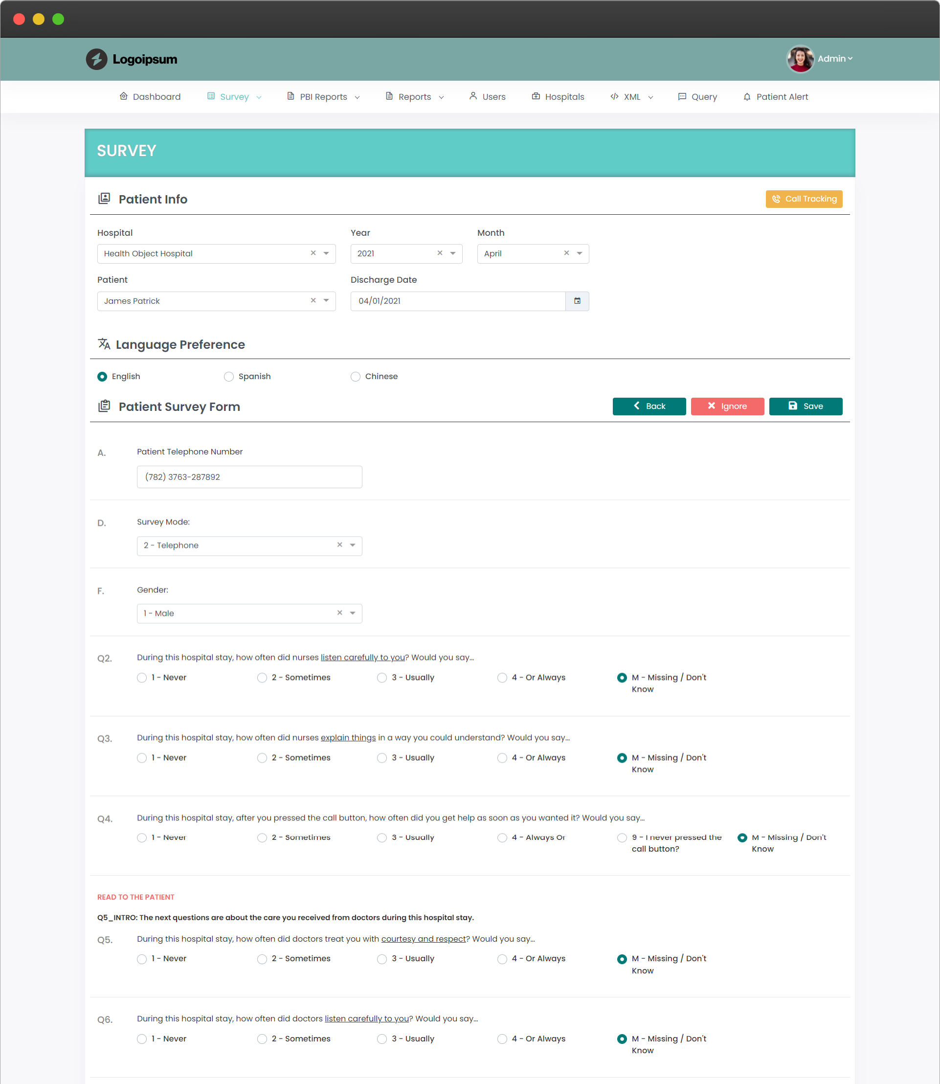 Patient Survey Platform screen 2